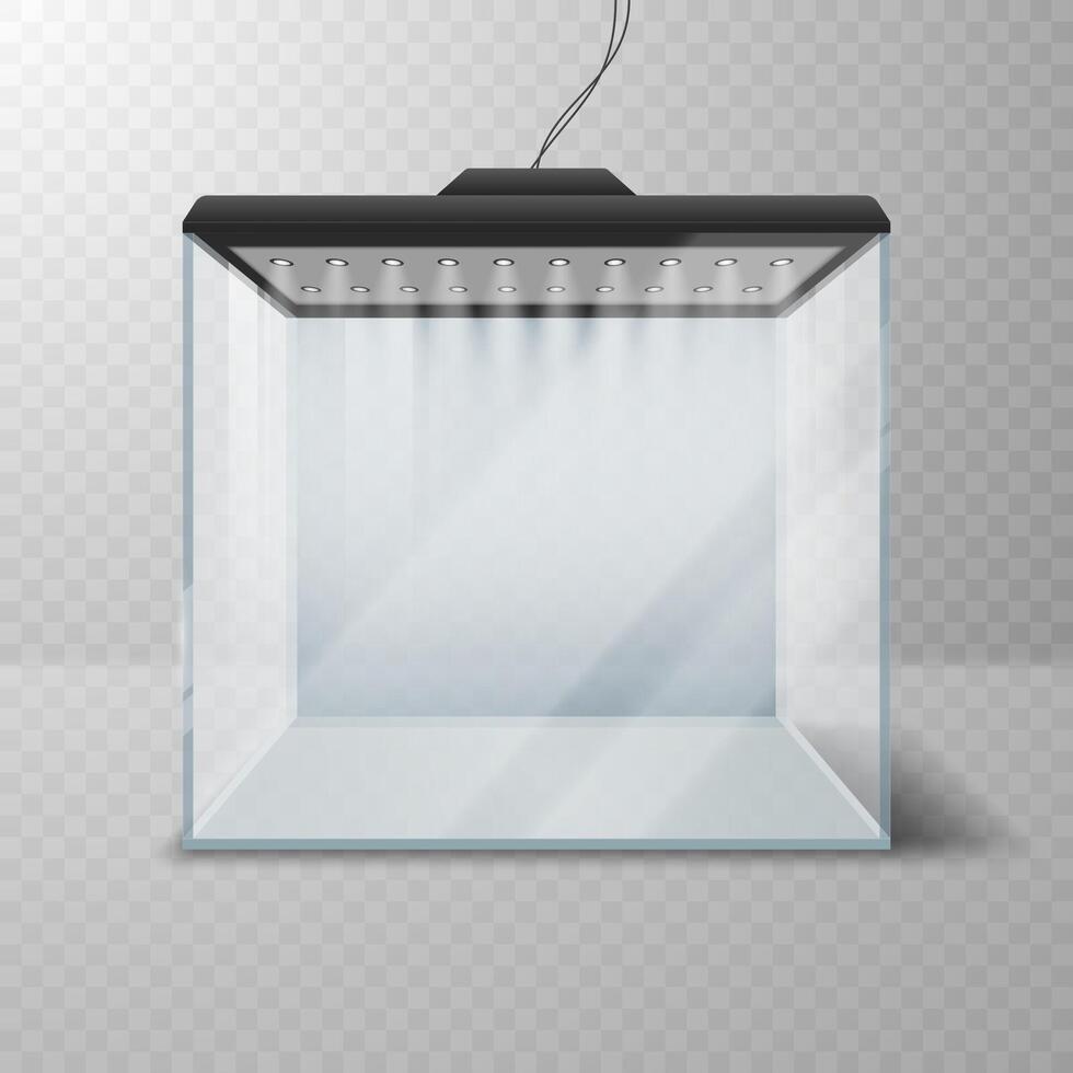 Realistic glass cube or aquarium with lighting. vector