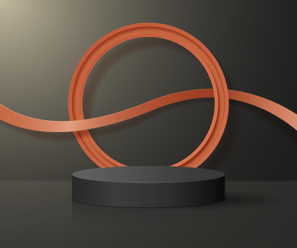 Round realistic podium or pedestal on a dark background with orange geometric shapes. illustration. vector