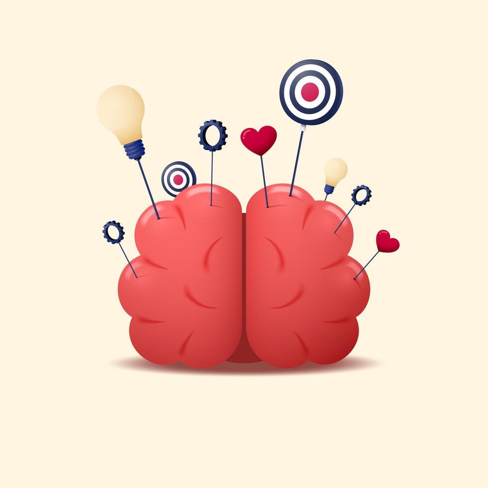 Brain with an idea in the form of a light bulb, a target with a goal, love with a heart and an action with a gear. vector