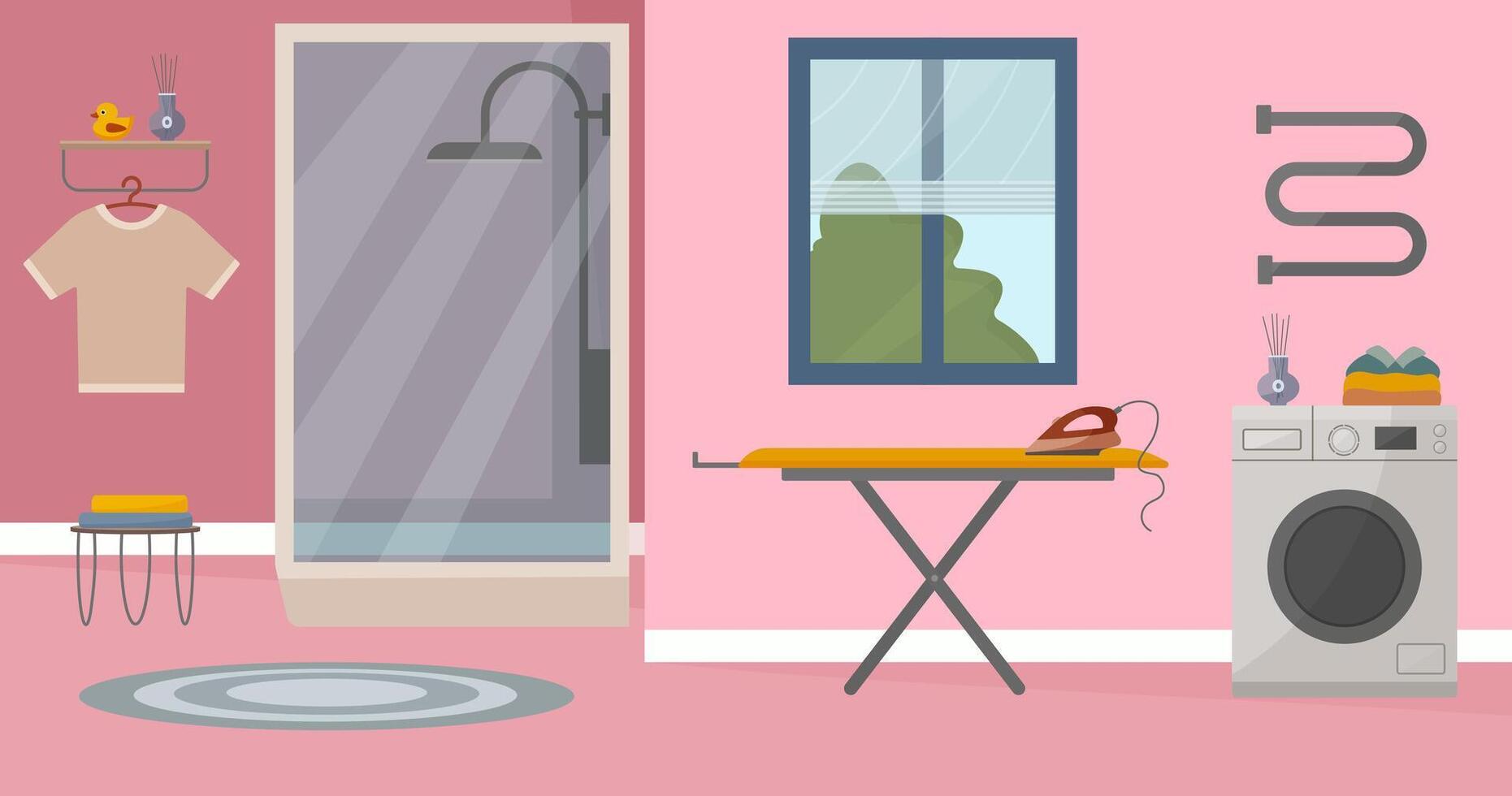 baño interior, moderno baño con ducha, Lavado máquina, planchado tablero y ventana. ilustración en plano estilo. interior concepto. hogar y interior decoración. vector