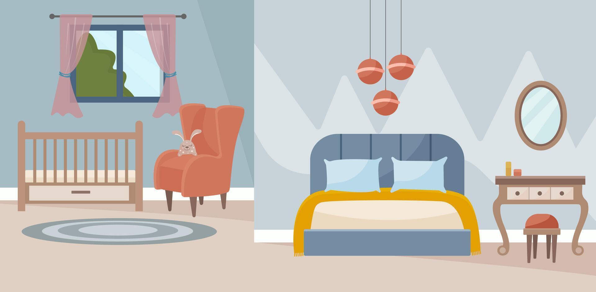 Interior of bedroom and nursery. Cozy bedroom with a cot. cartoon illustration of a bright room with a double bed, a crib, an armchair, a carpet, a dressing table with a mirror, a window. vector