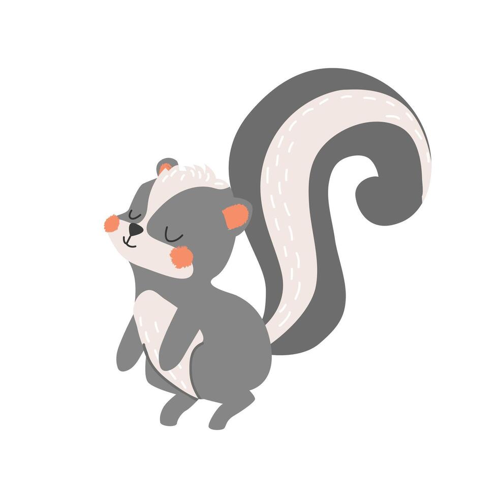 Cute cartoon skunk illustration in flat style. Beautiful forest animal. For poster, greeting card and kids design. White isolated background. Hand drawn. vector