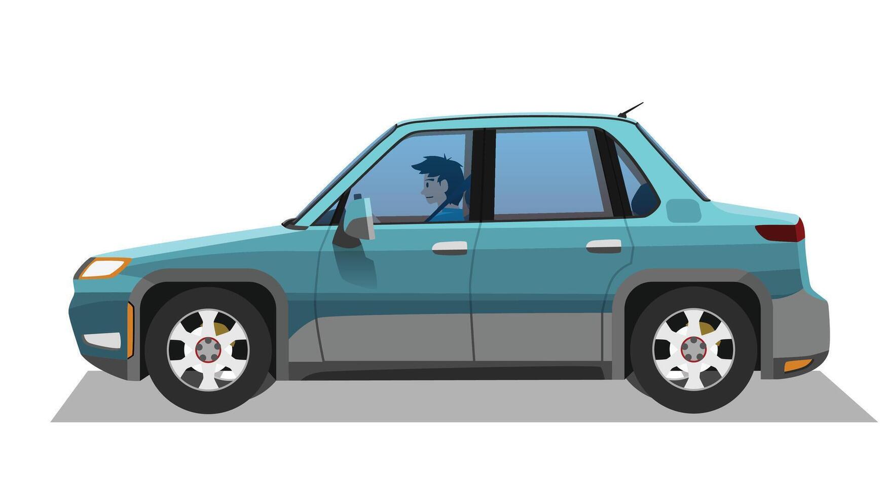 dibujos animados o ilustración de coche. sedán coche lata ver dentro con conductor. aislado blanco antecedentes. vector