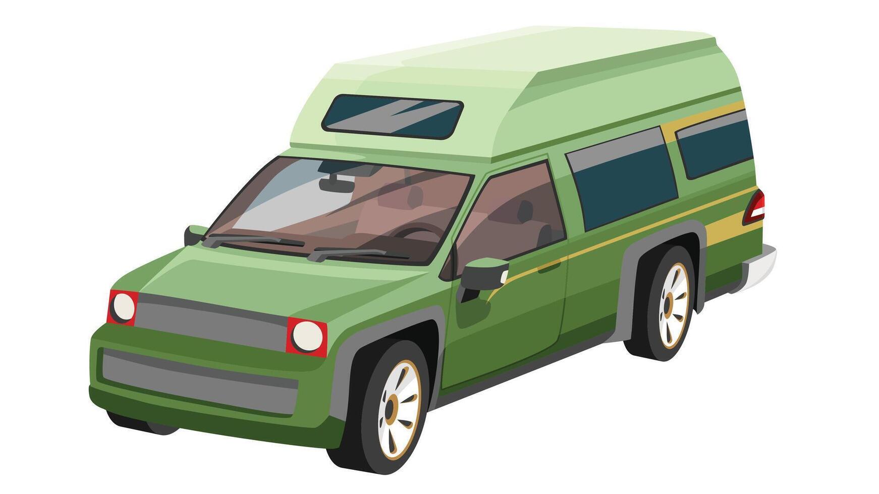 Cartoon or illustration of perspective camping car green color. Can see interior of car with console and seats. Isolated white background. vector