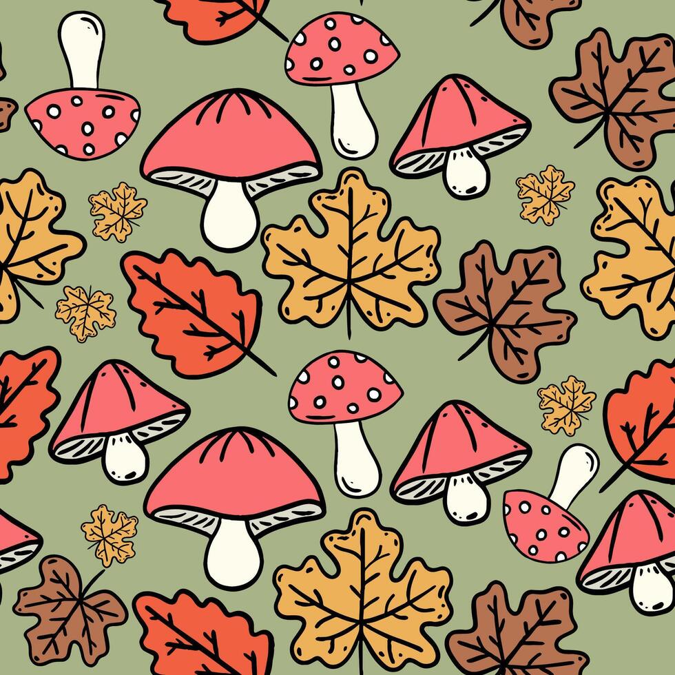 sin costura modelo con el tema de otoño, hongos y seco hojas lata ser usado para impresión en tela, fondo de pantalla, digital decoración, vector