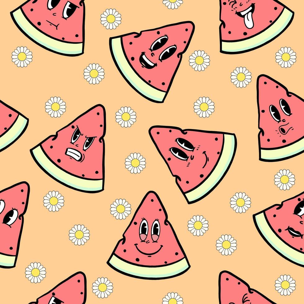 seamless pattern of cartoon watermelon slices with cute faces, groovy elements, can be used for print on fabric, wallpaper, digital decoration vector