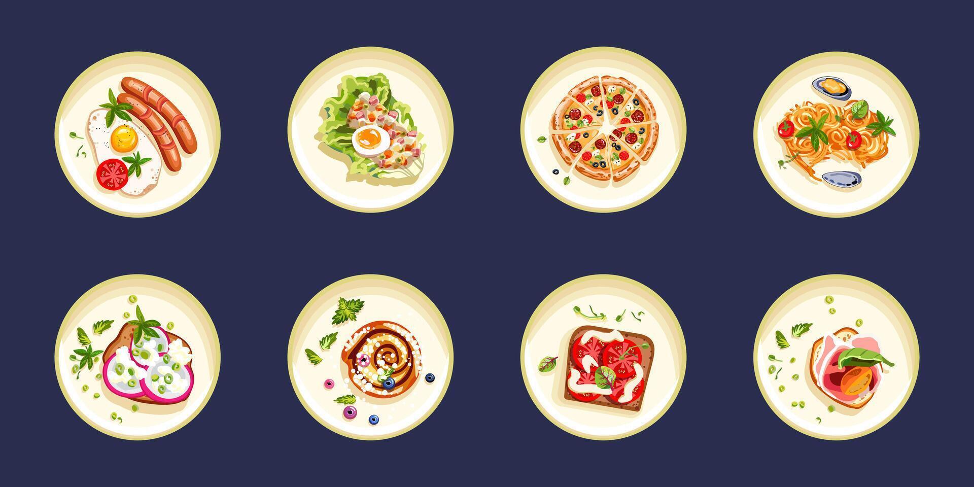 Set of ready made dishes on white plates. Healthy food for printing in cafe and restaurant menus on a dark background. Italian food, dessert dishes for lunch, breakfast and dinner. illustration vector