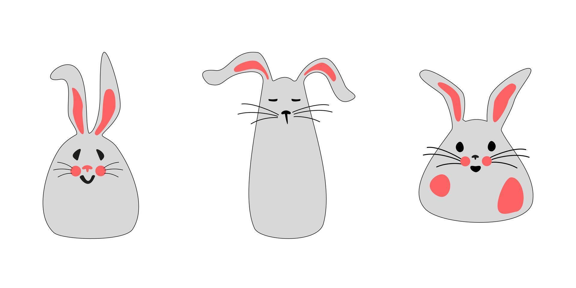 Set of cute gray rabbits with pink ears. Easter bunnies for printing on childrens products, stickers and cards on a white background. isolated illustration. vector