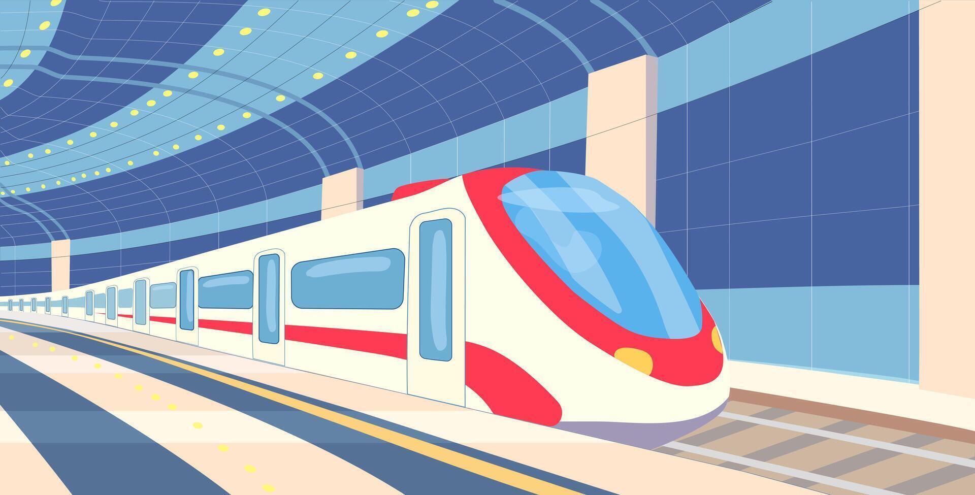 Railway. Metro station. Night Train. Passenger carriages on an empty platform. Transport for travel. Departure of the train from the platform. vector