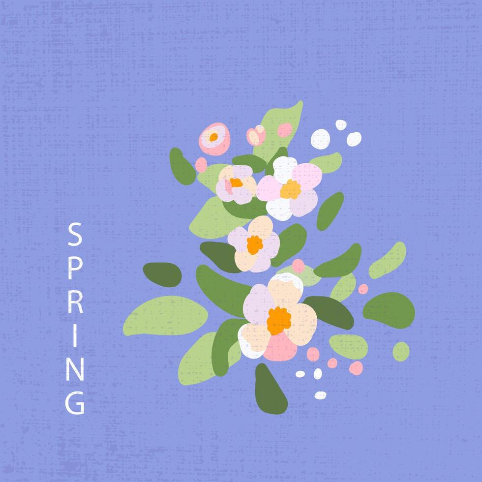 Spring poster square Traditional flowers apple tree branch blue background template banner holiday greetings Texture hand drawn pink petals green leaves vector