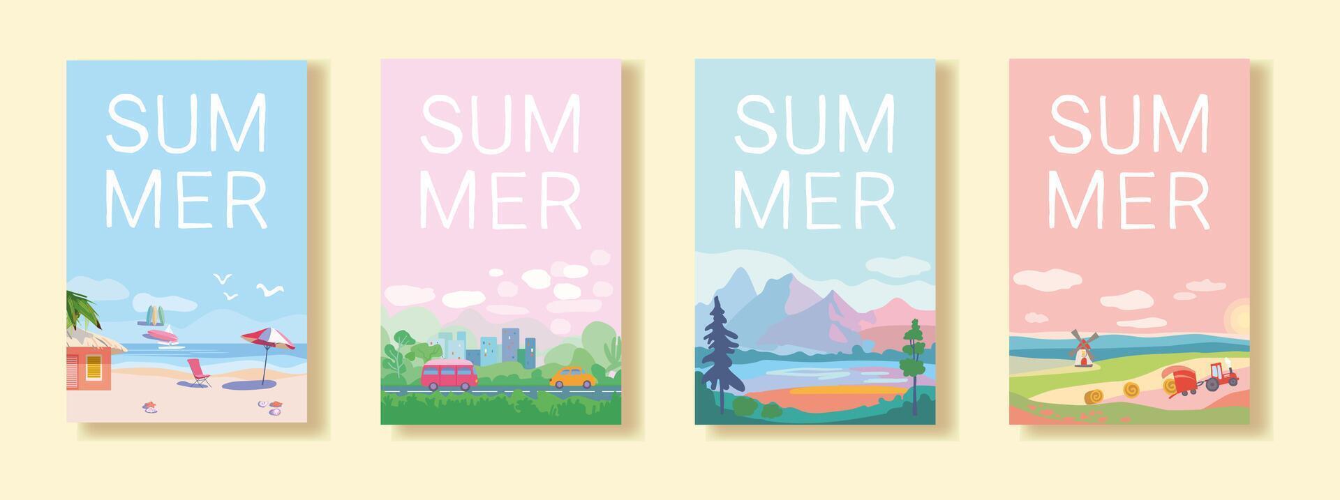 Set of summer travel and vacation posters. Landscapes of sea resorts, mountains and fields. Road with trees and transport near the city. Template for poster, web page or banner. Flat vector