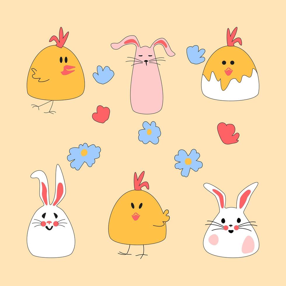 Set of Easter characters. Cute Easter bunny with chicken and egg for printing on childrens products, stickers and books. illustration. vector