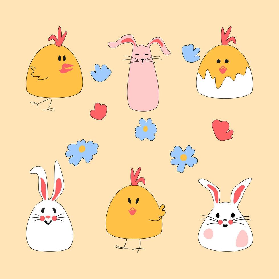 conjunto de Pascua de Resurrección caracteres. linda Pascua de Resurrección conejito con pollo y huevo para impresión en para niños productos, pegatinas y libros. ilustración. vector