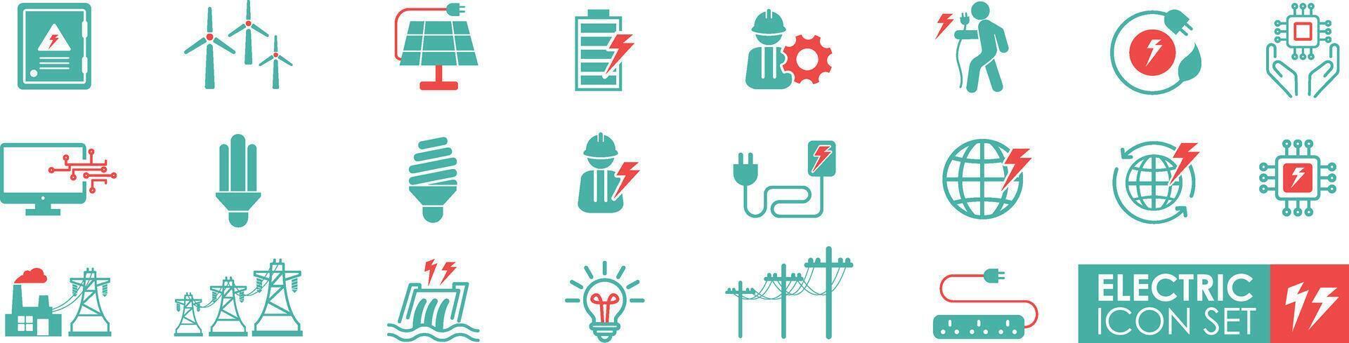 sencillo conjunto de eléctrico iconos sólido icono sencillo estilo. eso contiene ilustraciones de el Generacion de electricidad, molinos de viento, solar células, energía, electricidad, presa, y eléctrico postes vector