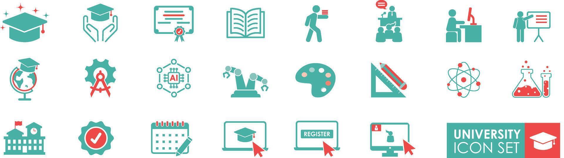 Simple University icon set. It Contains online education, audio courses, educational, art, science, and Certificate icons. Solid icon collection. vector