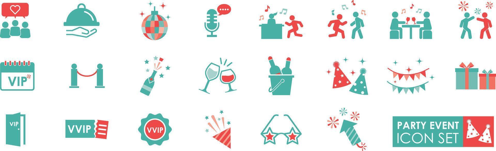 Party Event icons set. Solid icon style. Contains Celebration, Party, Event, Festive, VIP, Entertainment, Music, Dancing, Confetti, Balloons and Streamers, illustrations. vector