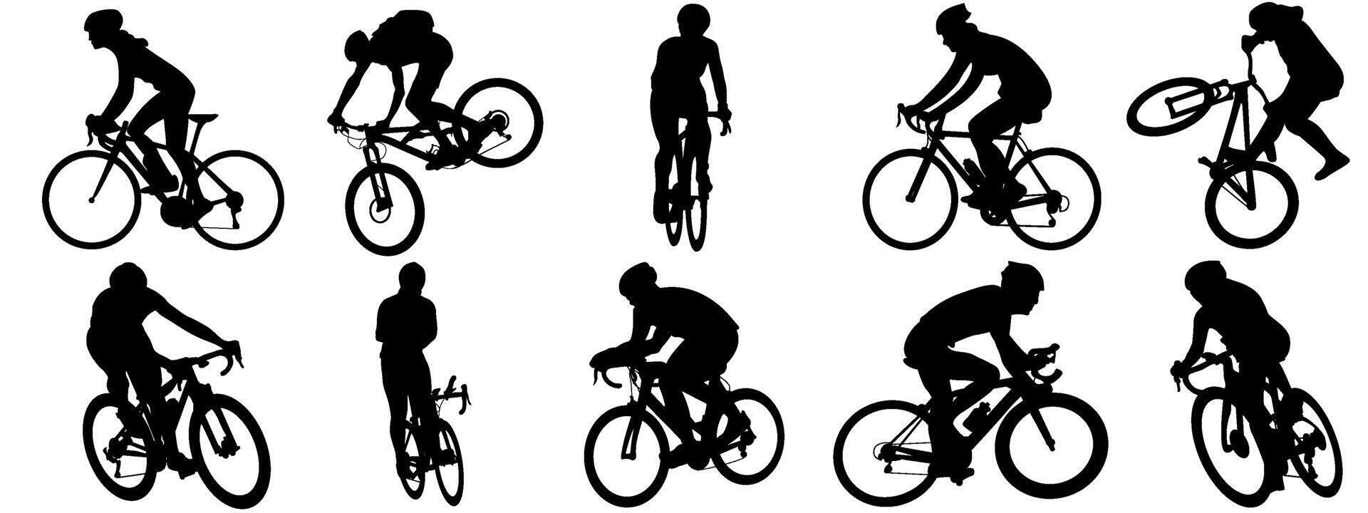 cyclist icon. collection of silhouettes of people cycling in different positions. bike, cycle, cyclist, ride, , bicycle, man, icon, people, illustration, woman, girl, boy, mountain vector