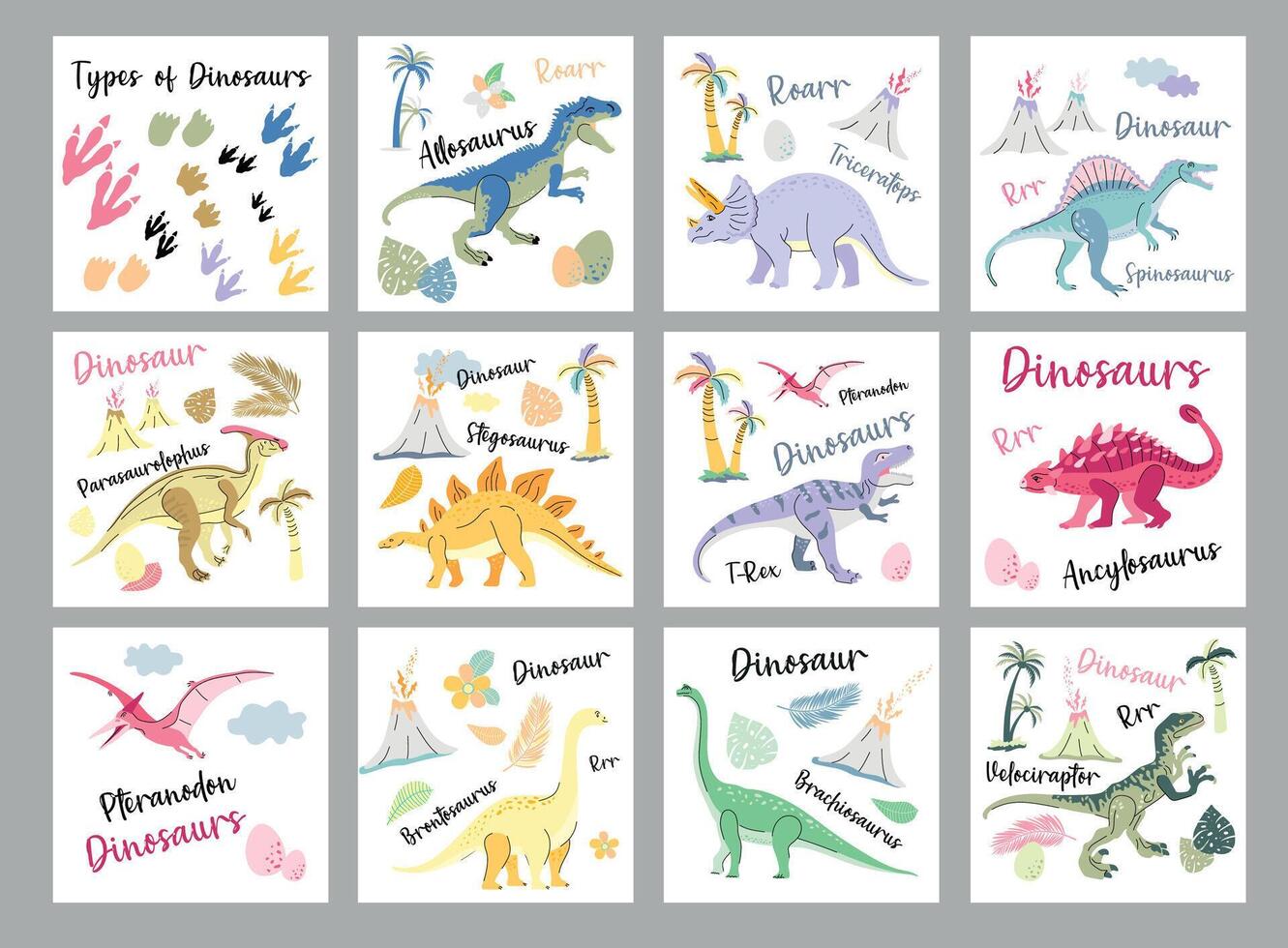 Banner card dinosaur color set. dinosaurs on white background. Tyranosaurus Rex, Stegosaurus, Brachiosaurus, Triceratops, cartoons. vector