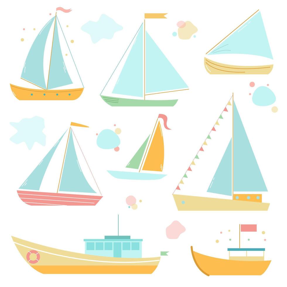 collection with beautiful sailboats and ships in soft colors on a white background vector