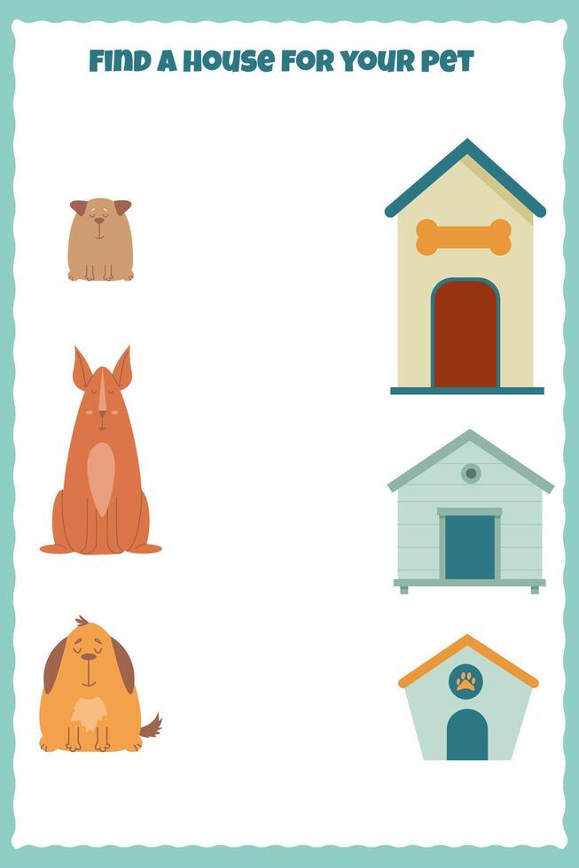 sheet with a task for children to find the right house for a dog vector