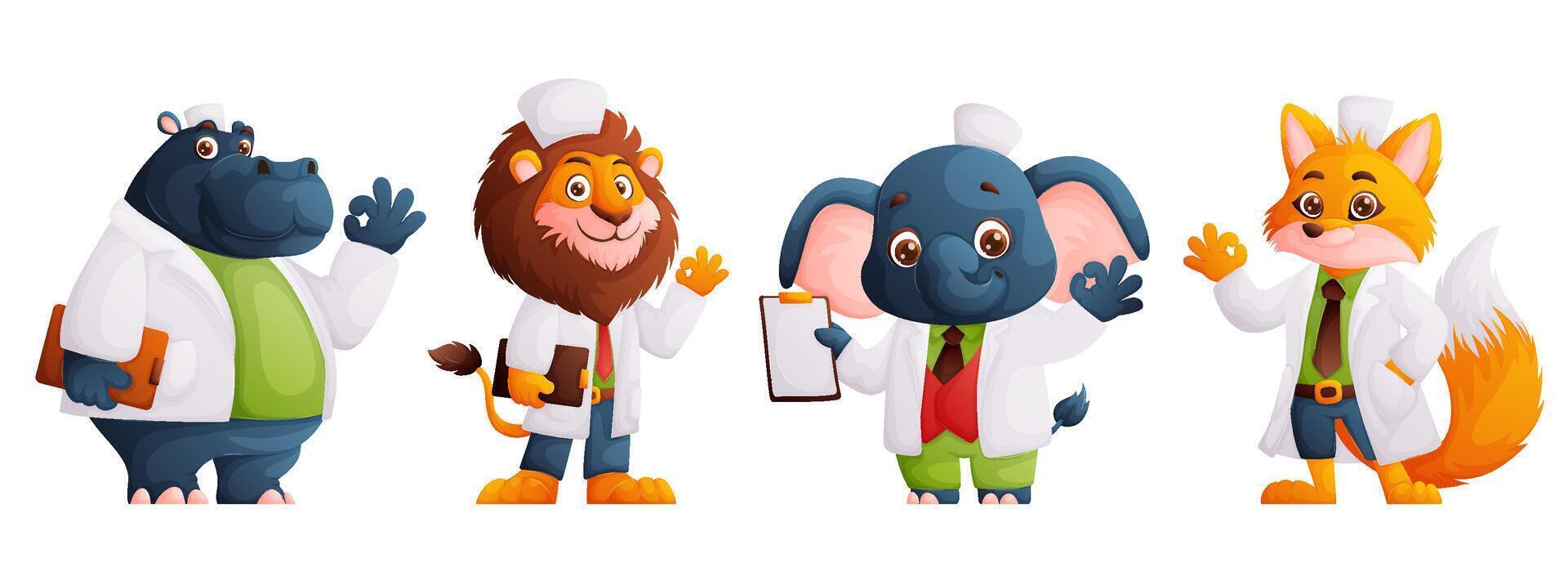 Animal doctors cartoon. Nice characters in medical uniform showing that everything is OK. Lion, Hippopotamus, elephant, fox in the form of a doctor. illustration vector