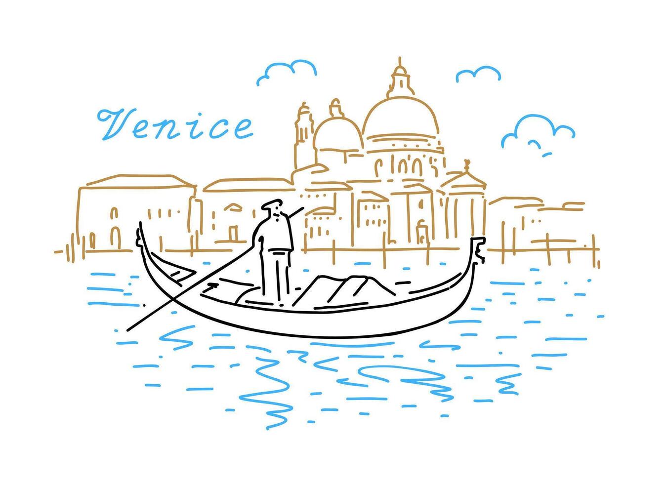 Architecture of Venice with a gondola on the water. hand drawn linear illustration vector