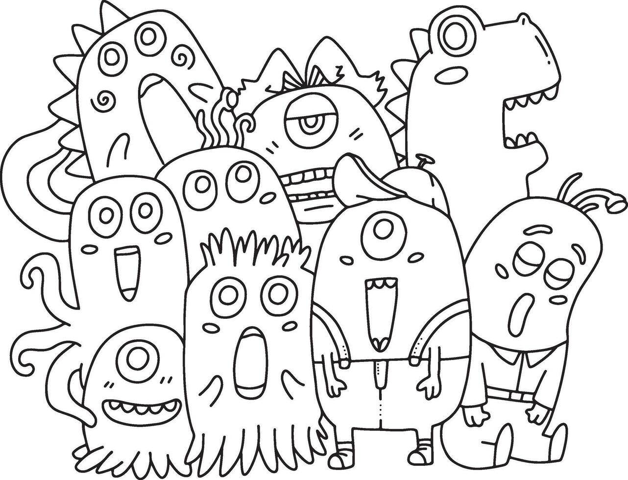 Line art of a bunch of cute monsters doodle. Used for coloring book, coloring page, etc vector