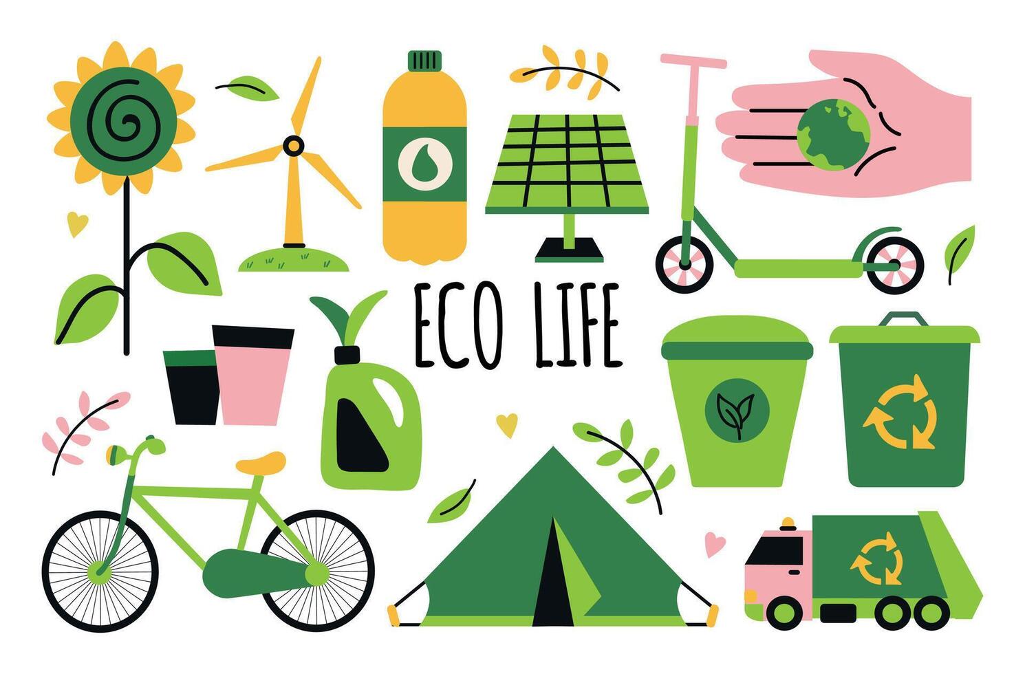 eco ambiente icono clipart conjunto con solar panel, tierra en mano, eco tazas, verde energía, basura camión, basura contenedor de plástico Botella,grifo,plantas, verano acampar vector