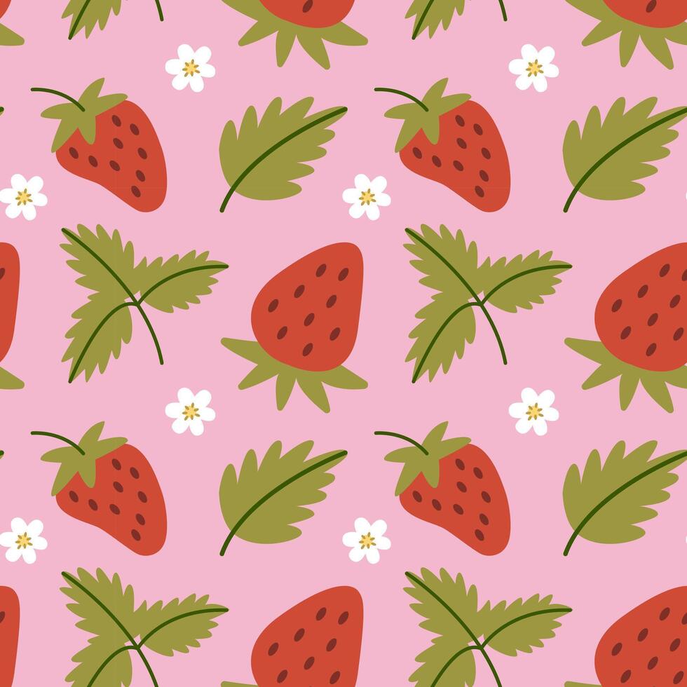 Modern abstract seamless strawberry pattern with leaves, branches and flowers. Contemporary botany art print. vector