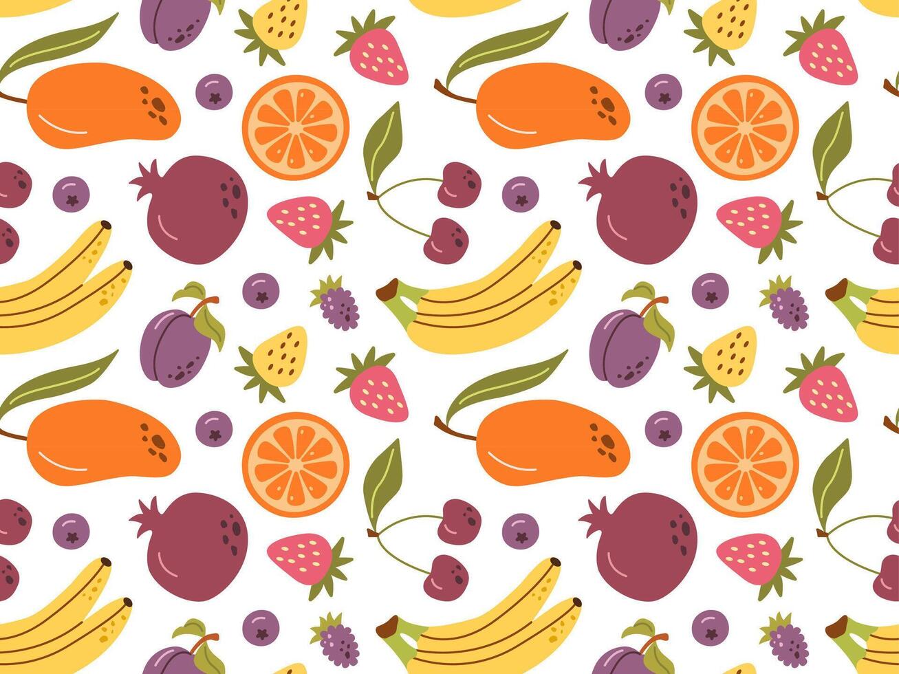 Seamless pattern of colorful fruits and berries. Summer print with hand drawn fruits. Tropical print. vector