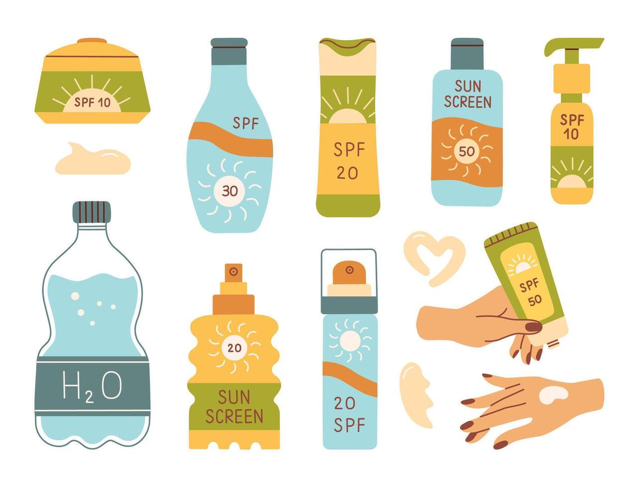 Sun safety collection. Set of sunscreen cosmetic bottles with SPF, hands applying sunblock lotion, smears of cream. vector