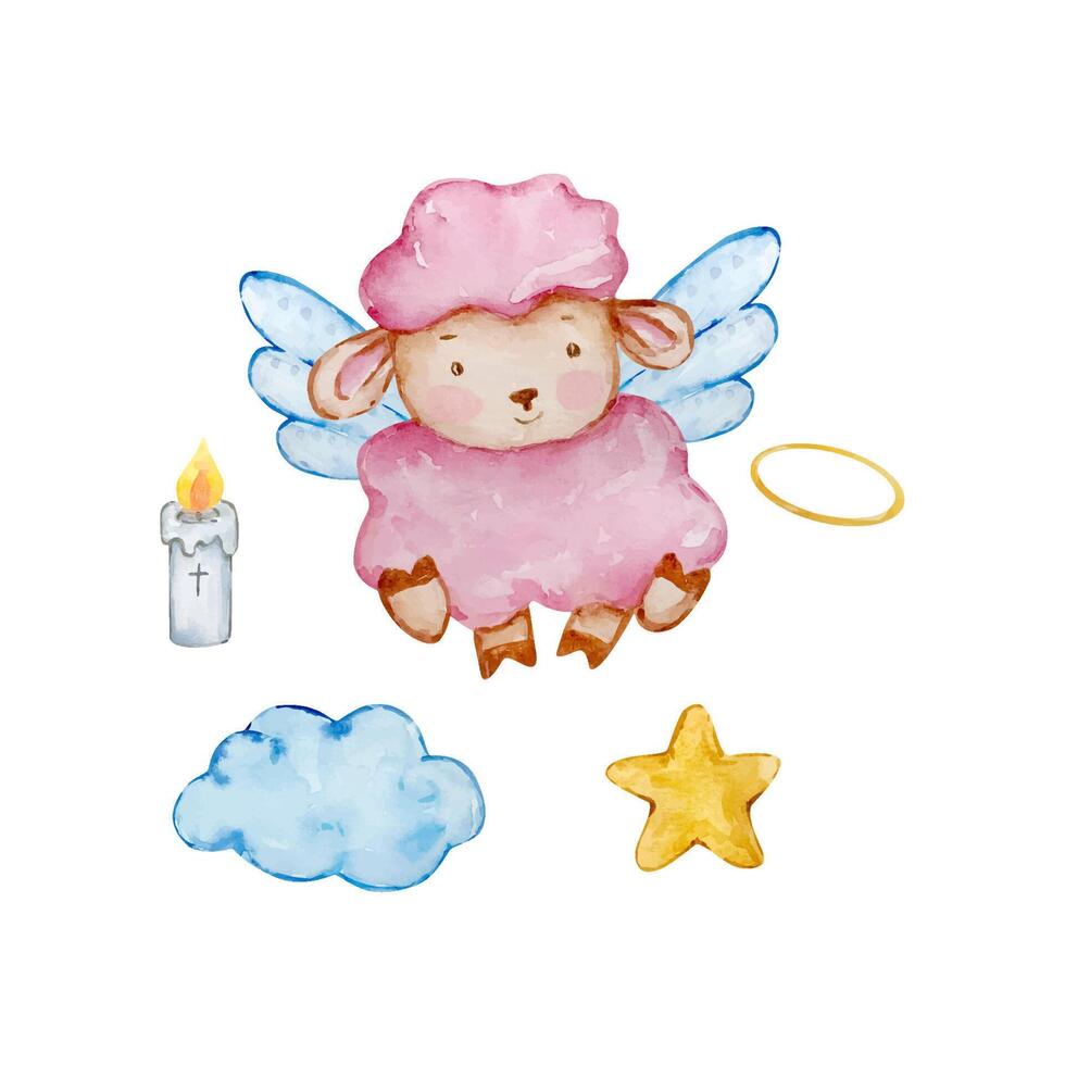 Watercolor cute baby angel lamb vector