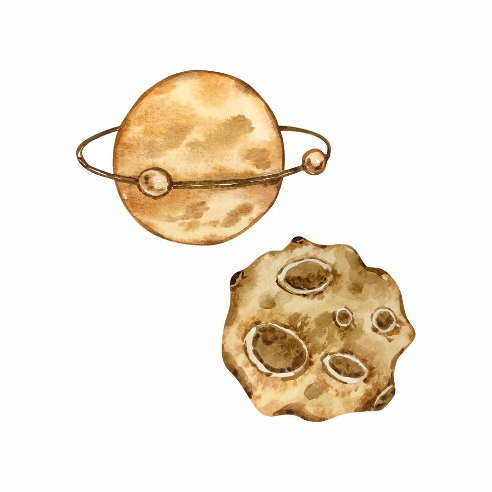Watercolor browm planets set, space vector
