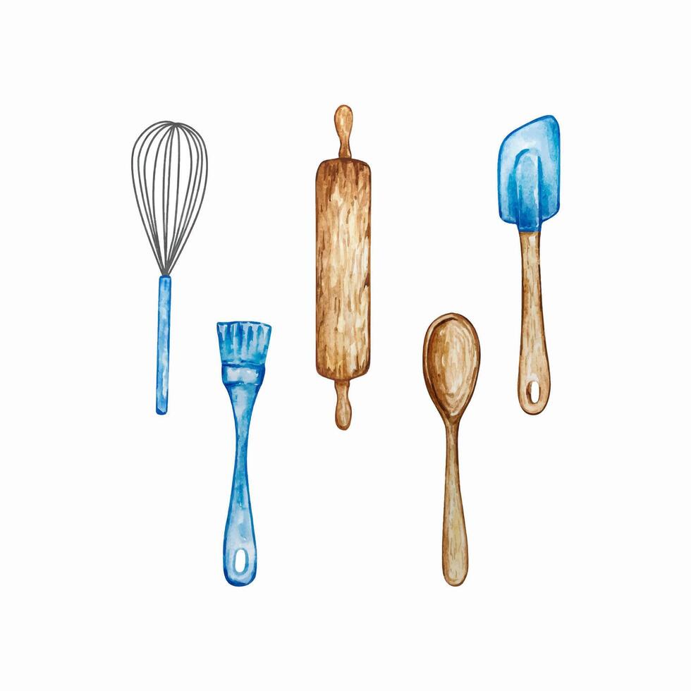 Watercolor bakery tools cooking set vector