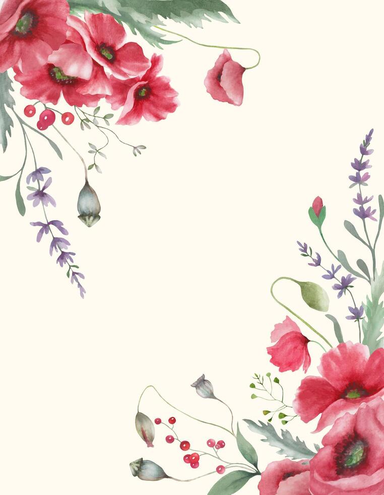 Watercolor floral background with red poppies. Hand drawn illustration. EPS. vector