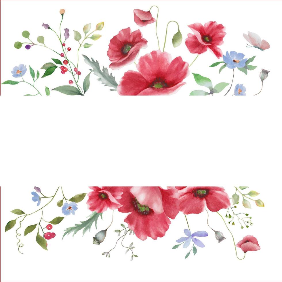 Watercolor floral frame with red poppies. Hand drawn illustration. EPS. vector