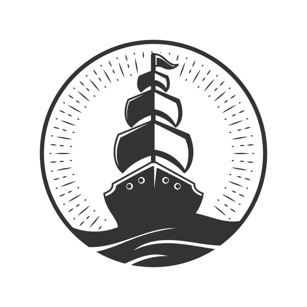 Clásico retro circular Dom Oceano ola con dhow Embarcacion o navegación barco para náutico vector