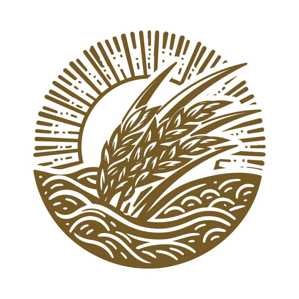 Golden Circular Sun with Wheat Rice Land Farm Symbol Illustration vector