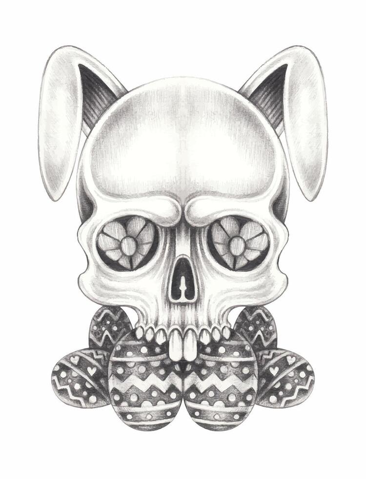 Skull bunny easter day design by hand drawing on paper. vector
