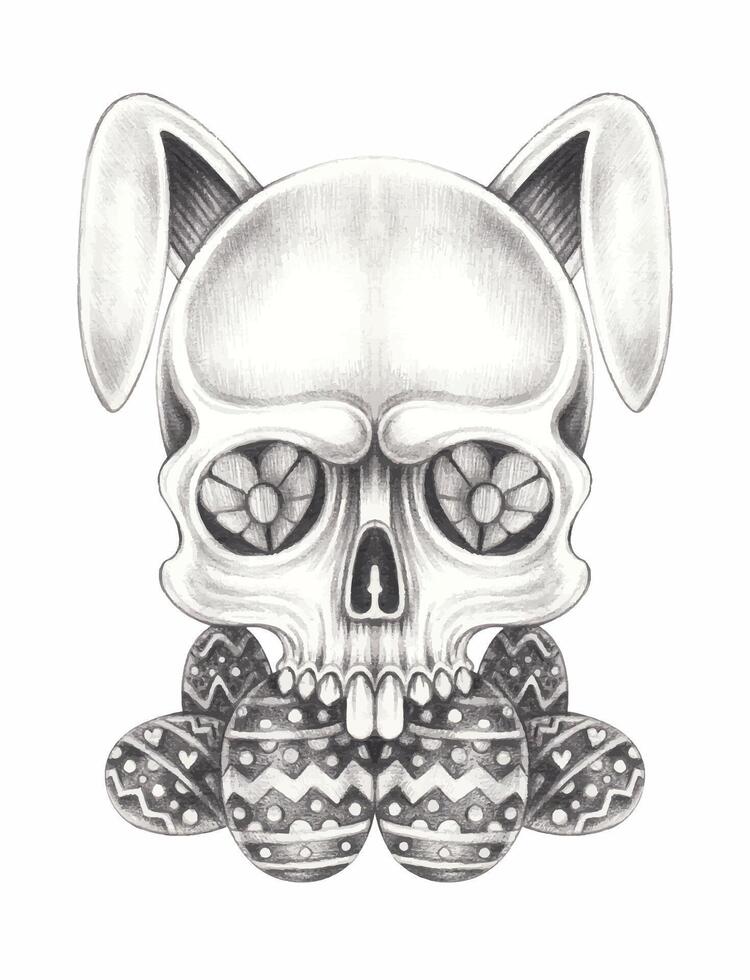 Skull bunny easter day design by hand drawing on paper. vector