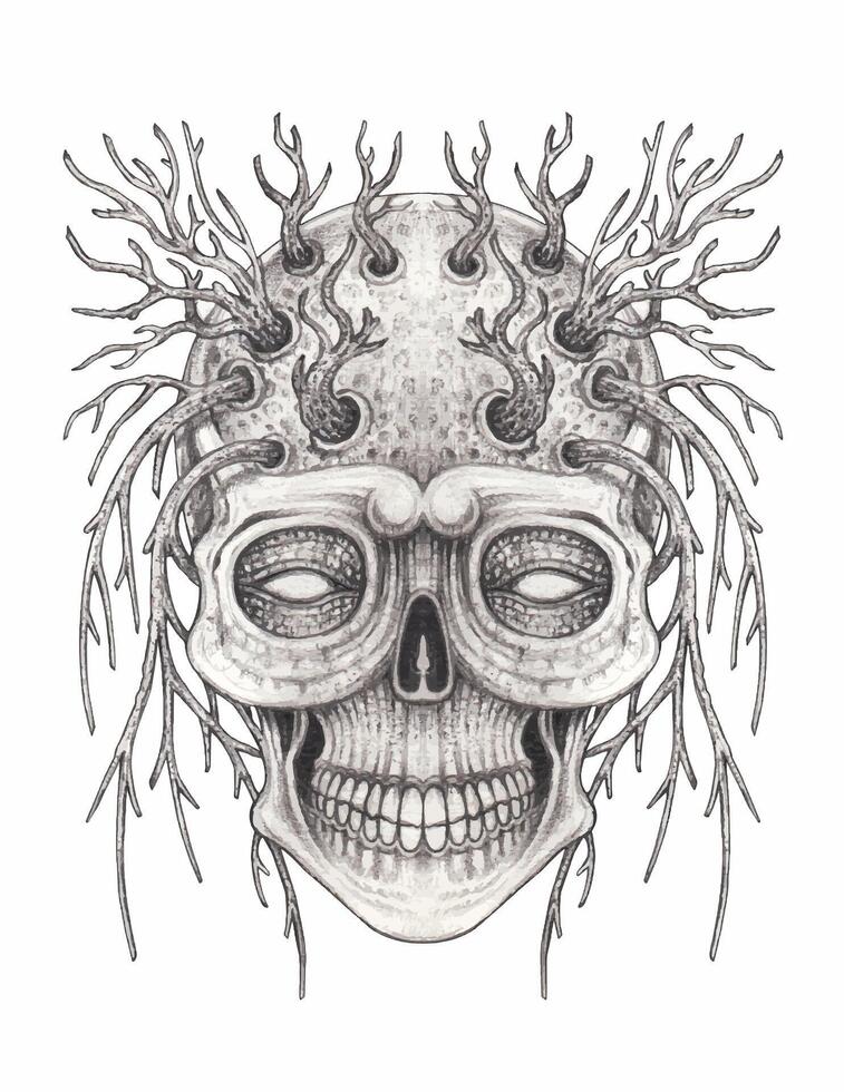 Demon skull surreal art design by hand drawing on paper. vector