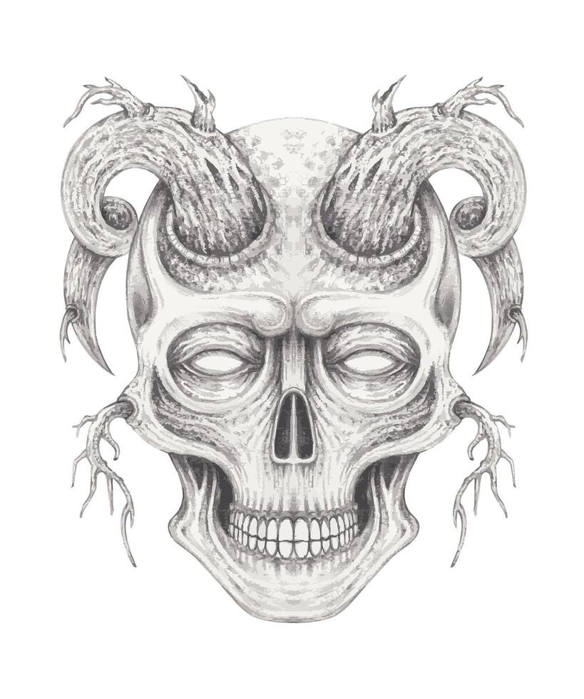 Demon skull tattoo design by hand drawing on paper. vector