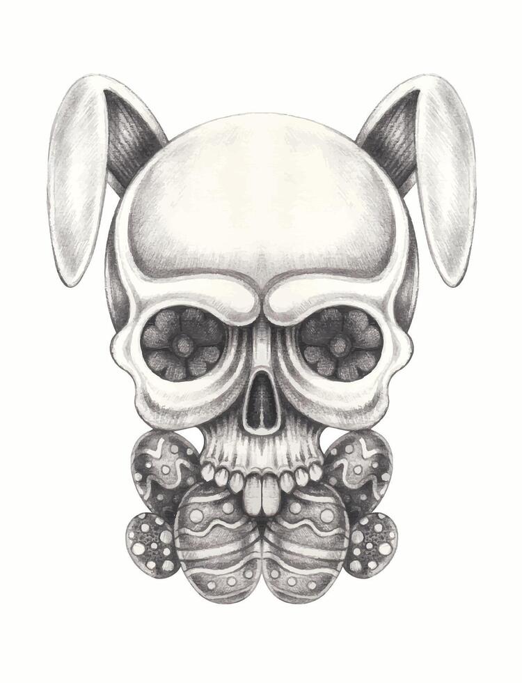 Skull bunny easter day design by hand drawing on paper. vector