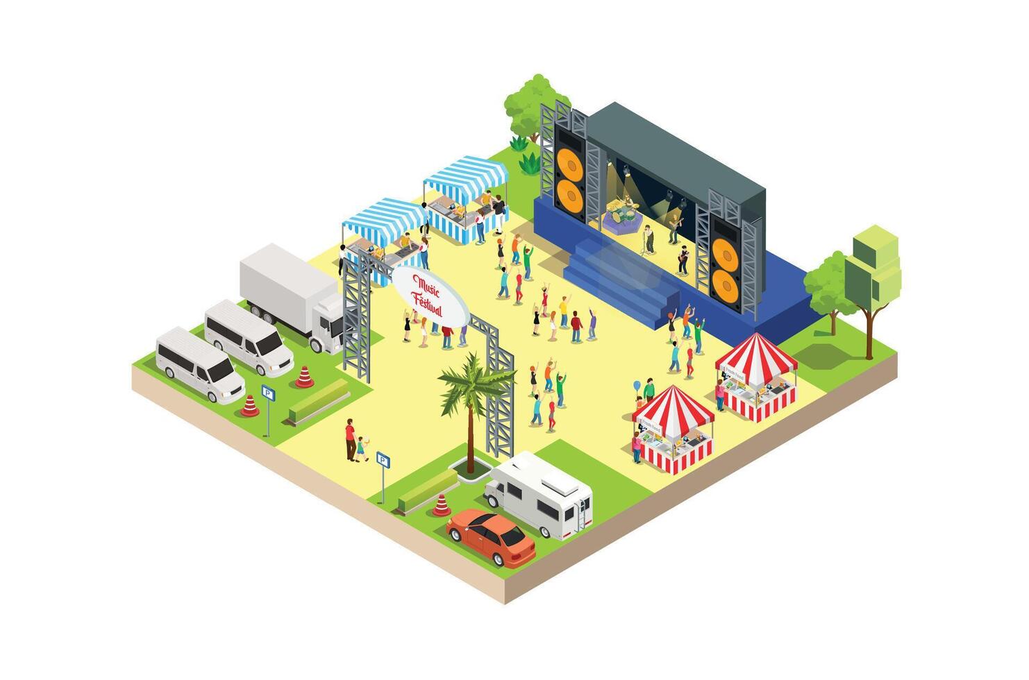 Music Festival Illustration Concept 3d Isometric View of Party Elements, camper van, bus. Concert Background and Stage Landscape. Musical Event illustration vector