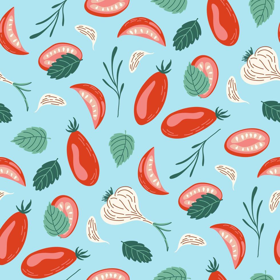 Seamless pattern of tomatoes, garlic, basil and herbs on blue backdrop. Background with fresh vegetables. Ingredients for making sun-dried tomatoes. Flat style hand drawn illustration. vector
