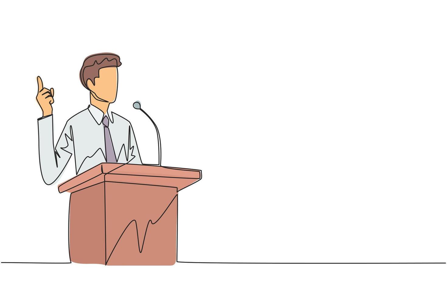 Continuous one line drawing young businessman speaking at the podium while giving gesture of lifting one finger up. Inspirational speech. Conference stage. Single line draw design illustration vector