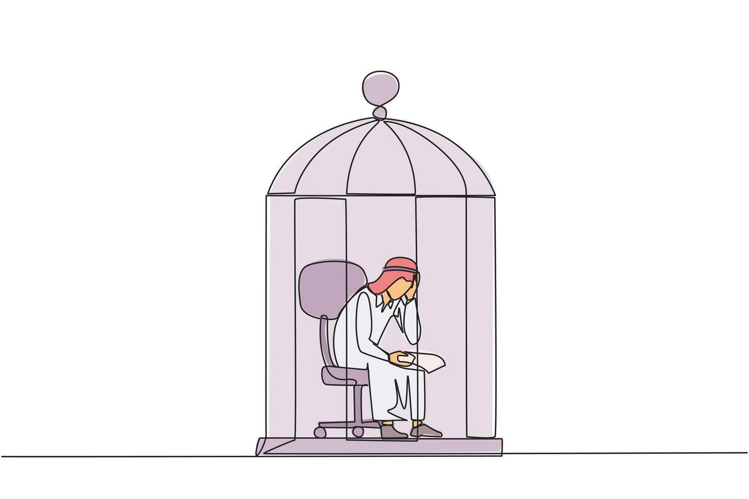 Single continuous line drawing Arab businessman trapped in cage sitting pensively holding paper. Failed business. Read the bankruptcy statement. Frustration. Sad. One line design illustration vector