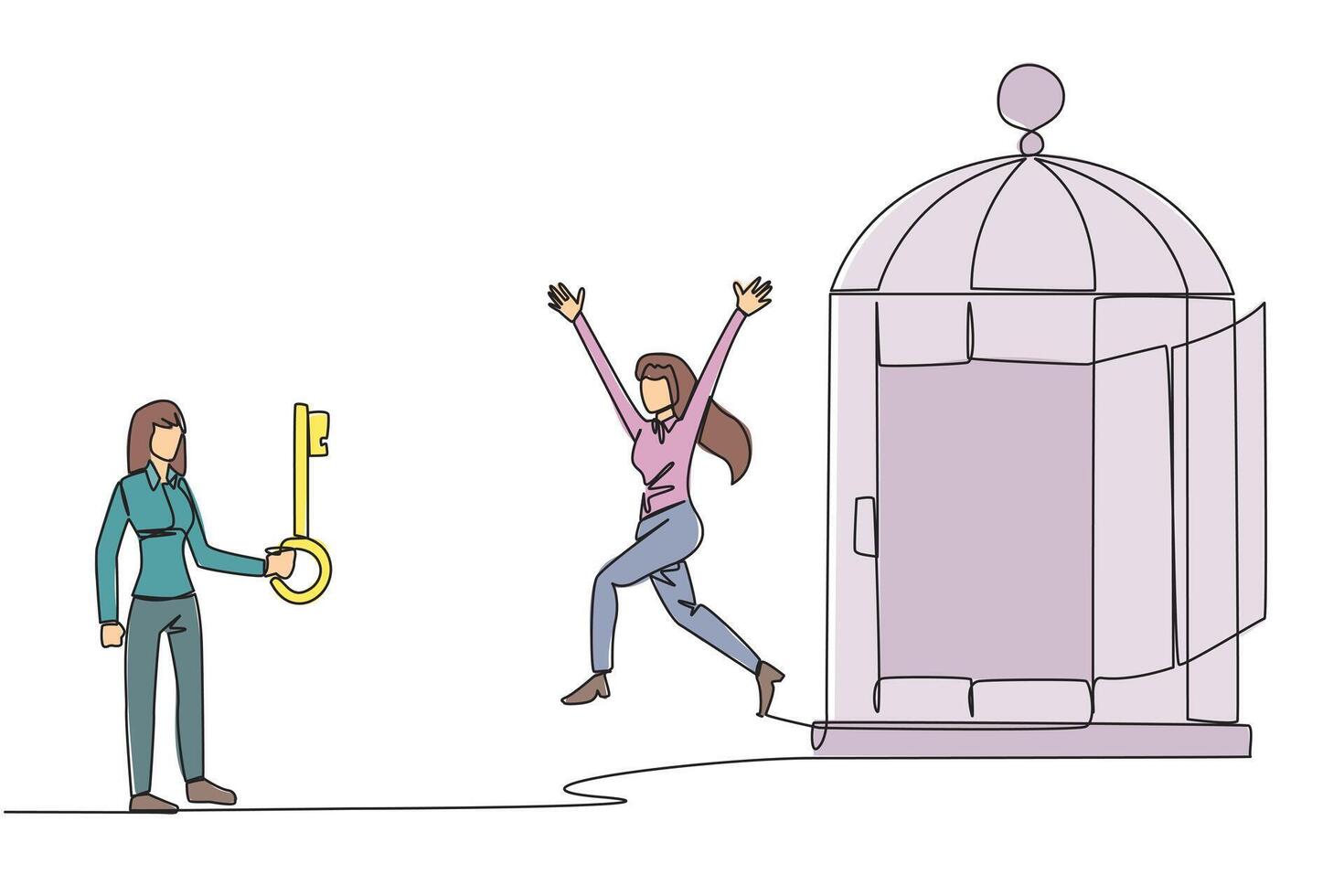 Single one line drawing businesswoman who was free by colleague from the trap of a cage. Teamwork metaphor. Growing business together. Great relationship. Continuous line design graphic illustration vector