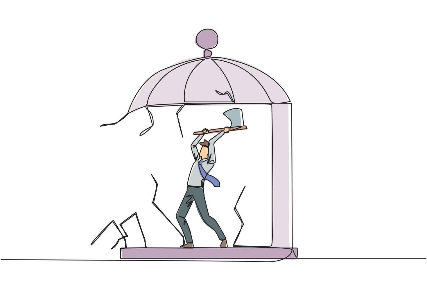 Continuous one line drawing businessman trapped in cage holding an axe and destroy the cage. Everything is done to be free. Rising anger. Disappointed. Single line draw design illustration vector