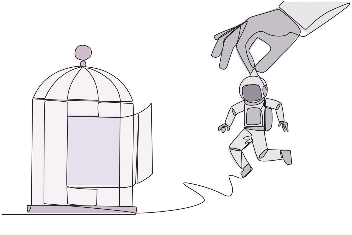 Single continuous line drawing big hands holding astronaut and want put in a cage. Trapping roughly. Beating a business opponent by cheating. Unfair business. One line design illustration vector